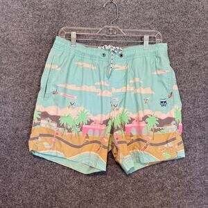 Party Pants Shorts Mens Medium Blue Drawstring All Over Print Swim Trunks Beach